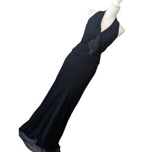 NWOT! JKARA! NAVY BLUE ELABORATELY BEADED, CHIFFON FULL LENGTH GOWN, DRESS! SZ 6